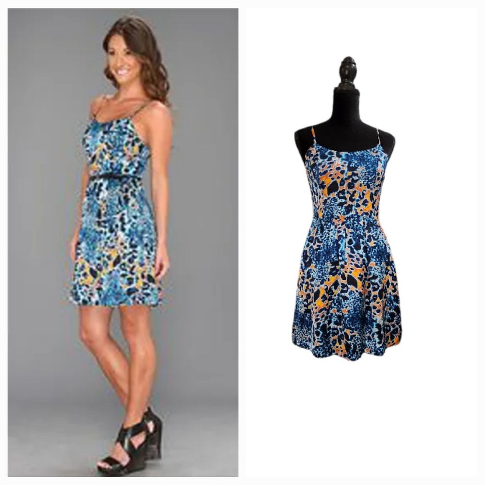 KENZIE Blue/Orange Cheetah Dress Lined Spaghetti Strap Casual S